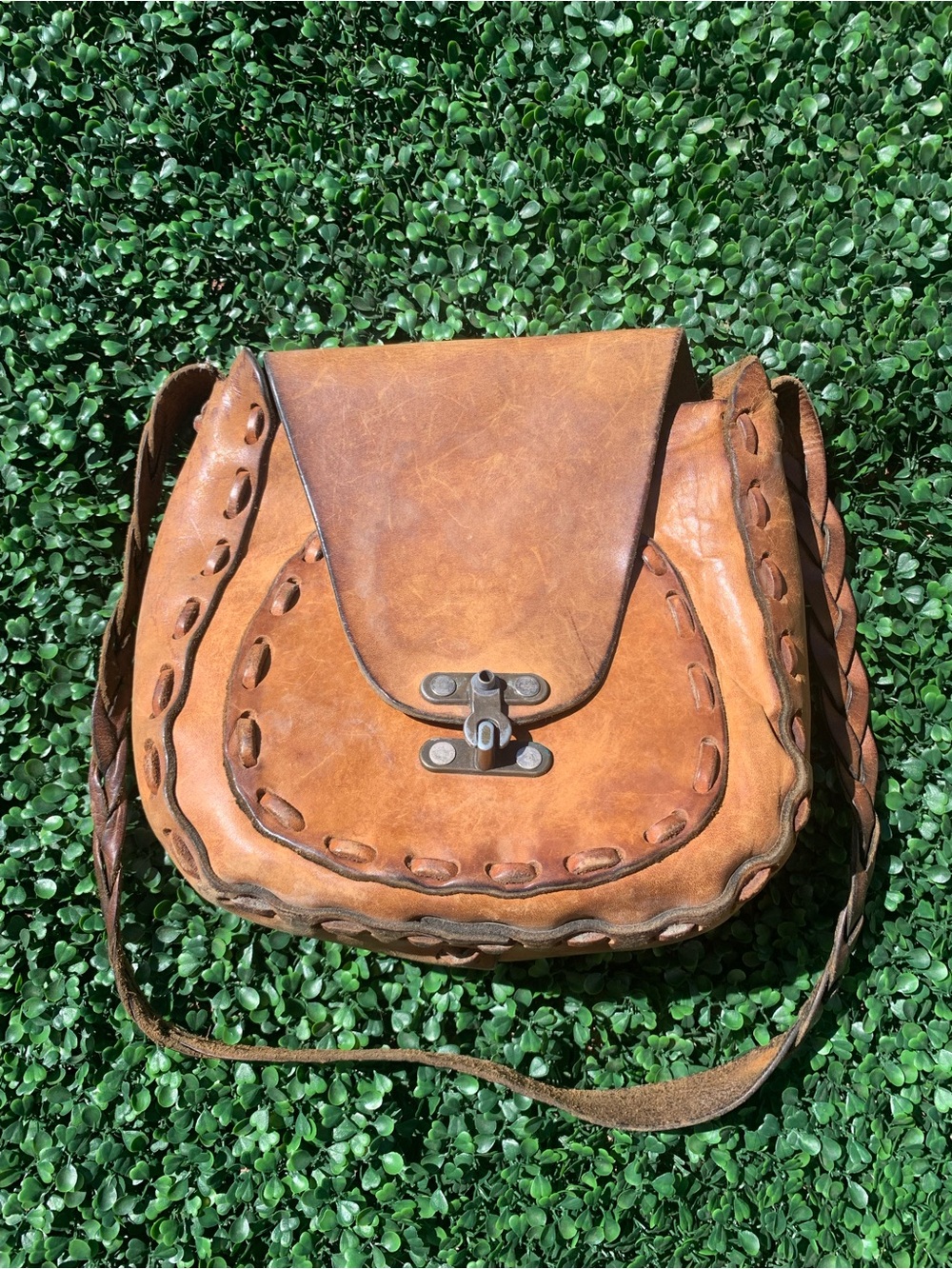 As Is vintage 70s braided & woven brown leather mod purse bag